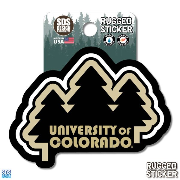 Rugged sticker with stylized pine trees and "University of Colorado" text in black and gold with white outline.